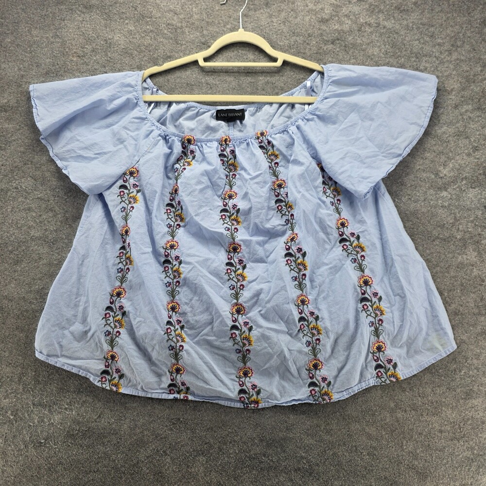 Lane Bryant Blouse Womens 14/16 Off Shoulder Blue Floral Embroidery